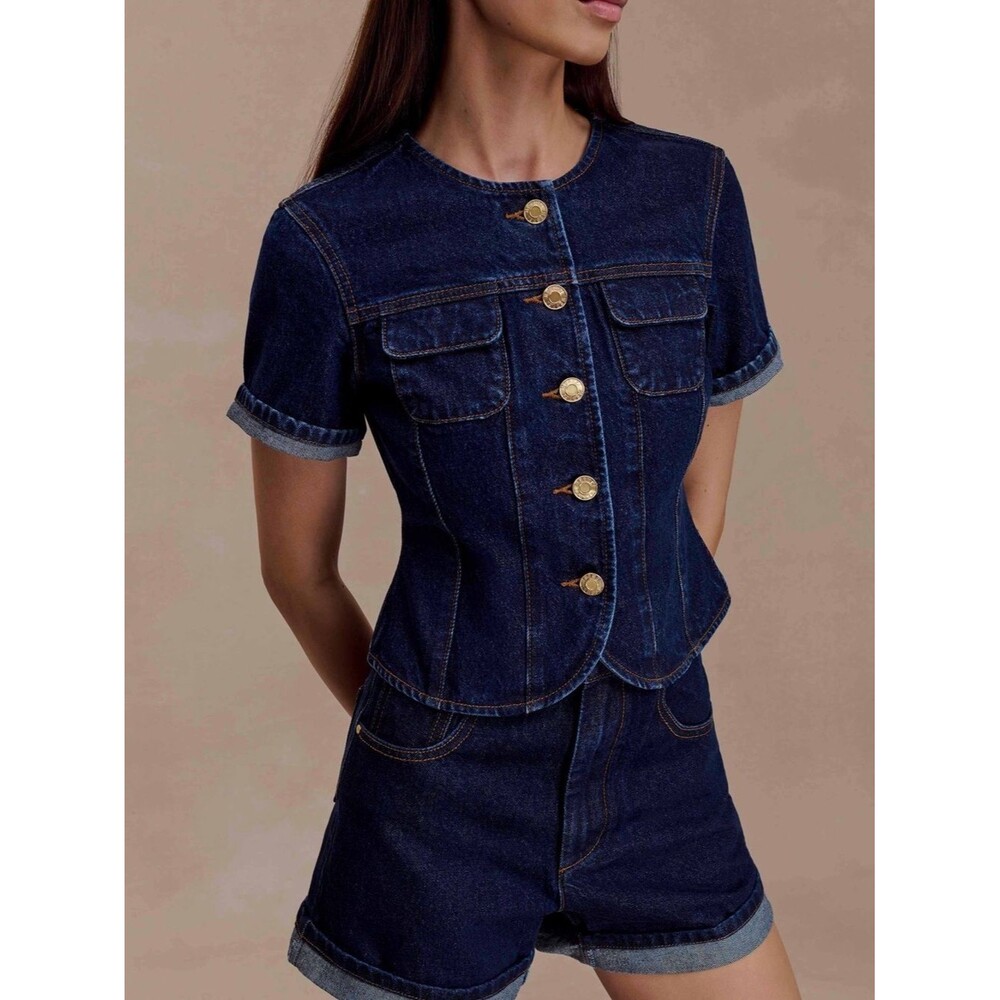 MESHKI Carlene Cuffed Denim Shorts High Rise Dark Wash Indigo Blue NWT Size 27